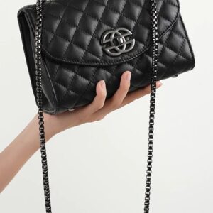 Soft Genuine Leather Women's Crossbody Shoulder Bag – 7.9" Embossed Diamond Chain Handbag with Folding Flap, Easy to Match