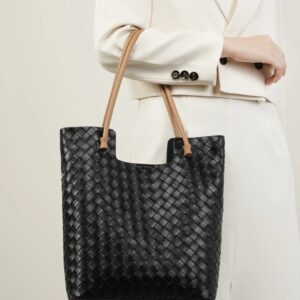 Women's Genuine Leather Tote Handbag for Office – Shoulder Bag with Woven Pattern – Size 25 (9.8") for School, Work & Daily Use
